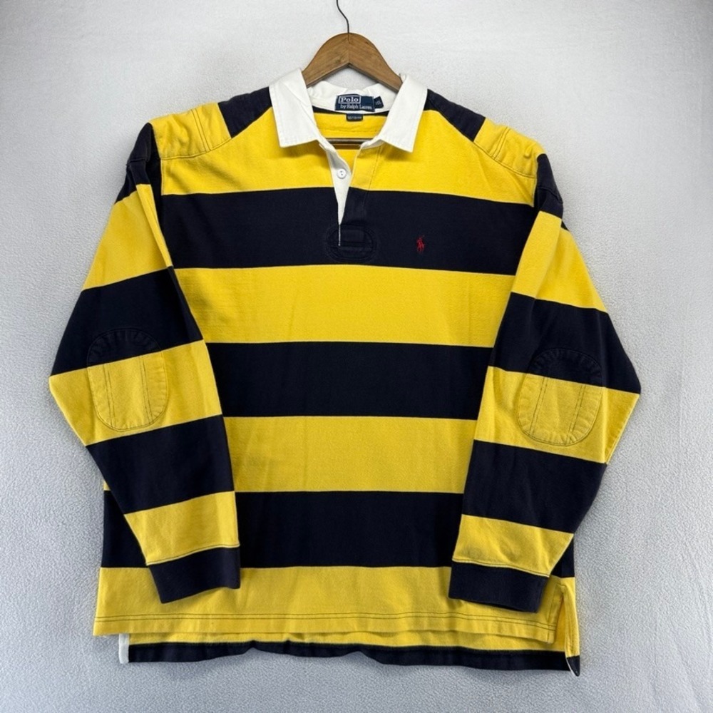 Vintage Ralph Lauren Rugby Shirt Mens 2XL Yellow Blue Michigan Elbow Patch Thick